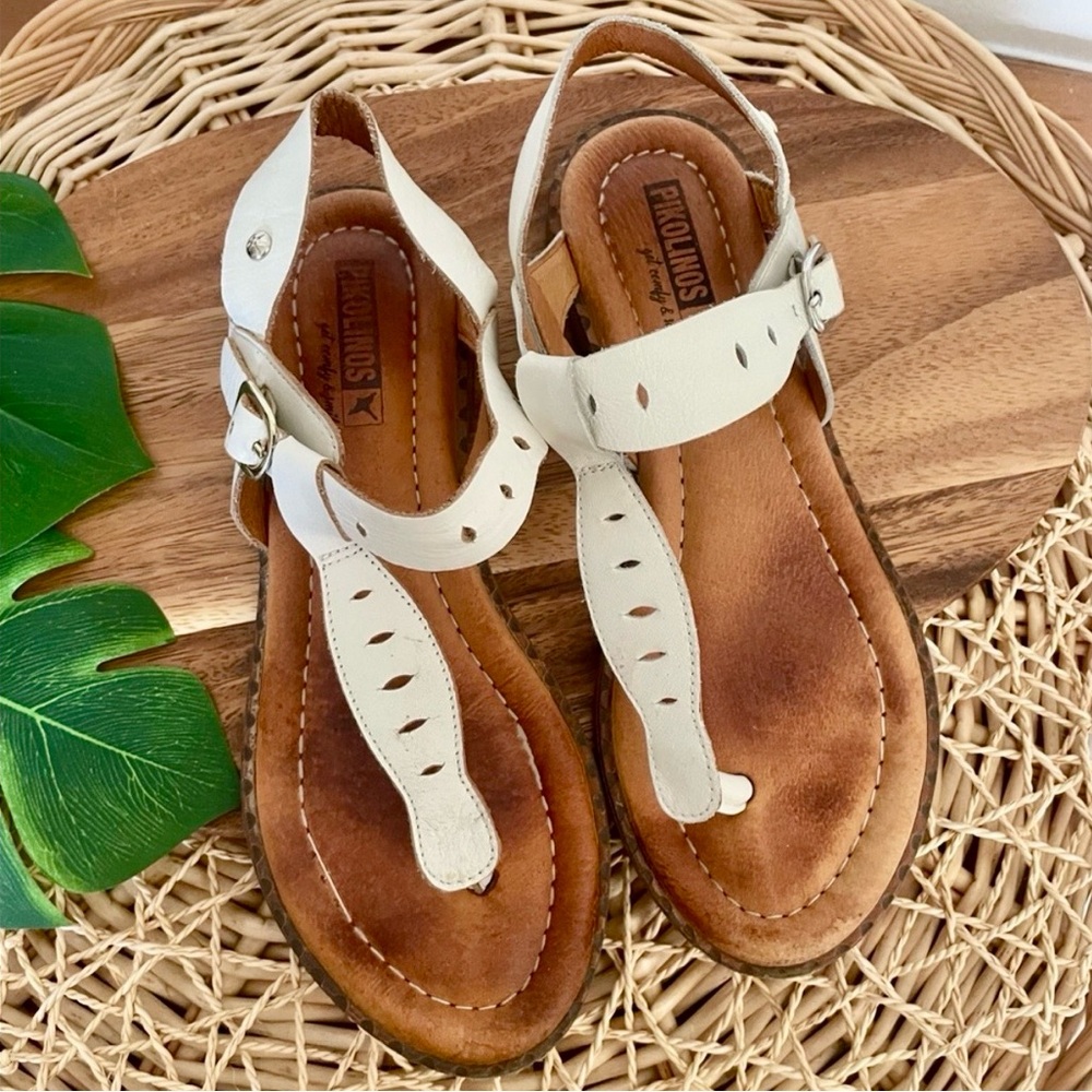 Pikolinos Algar white leather flat sandals T-strap slingback buckle Size 37